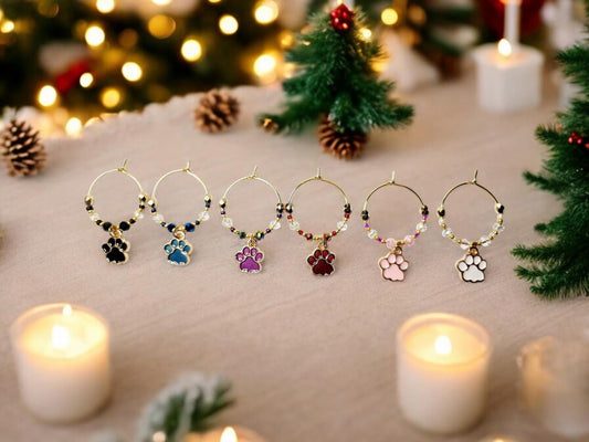 Paw print wine charms with crystal embellishments-Set of 6 gold plated wine charms in black, blue, purple, red, pink and white.