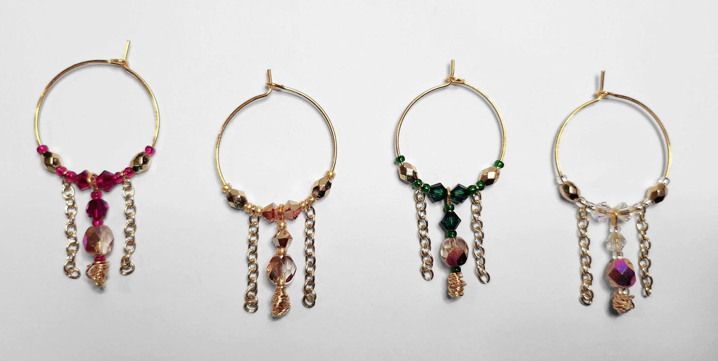 Unique chain and czech glass beaded wine charms, red, gold, green and crystal