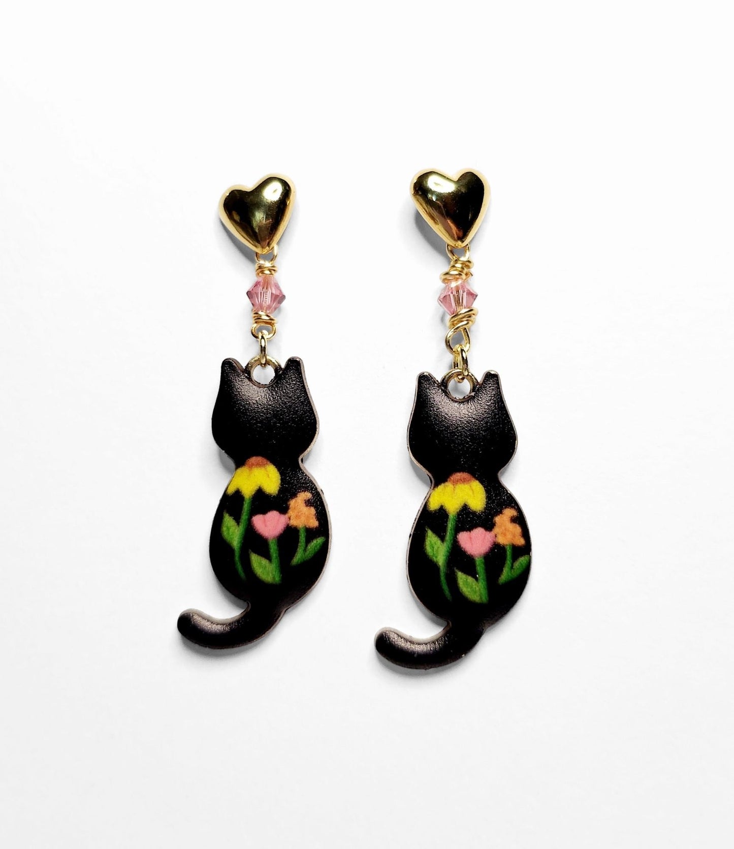 Black cat charm dangle earrings with pink crystals and heart studs
