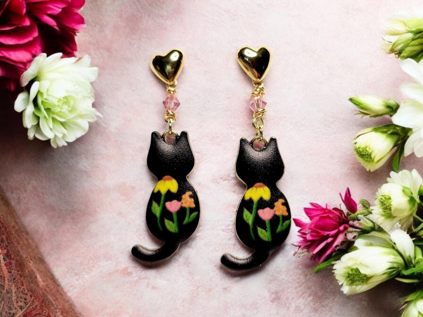 Black cat charm dangle earrings with pink crystals and heart studs
