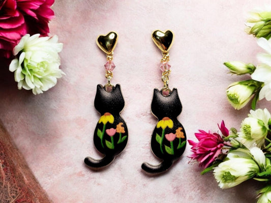 Black cat charm dangle earrings with pink crystals and heart studs