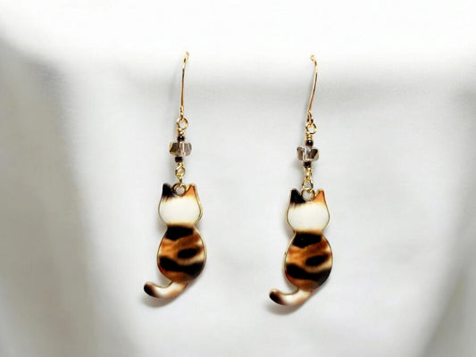 Brown Calico charm dangle earrings with gray glass beading