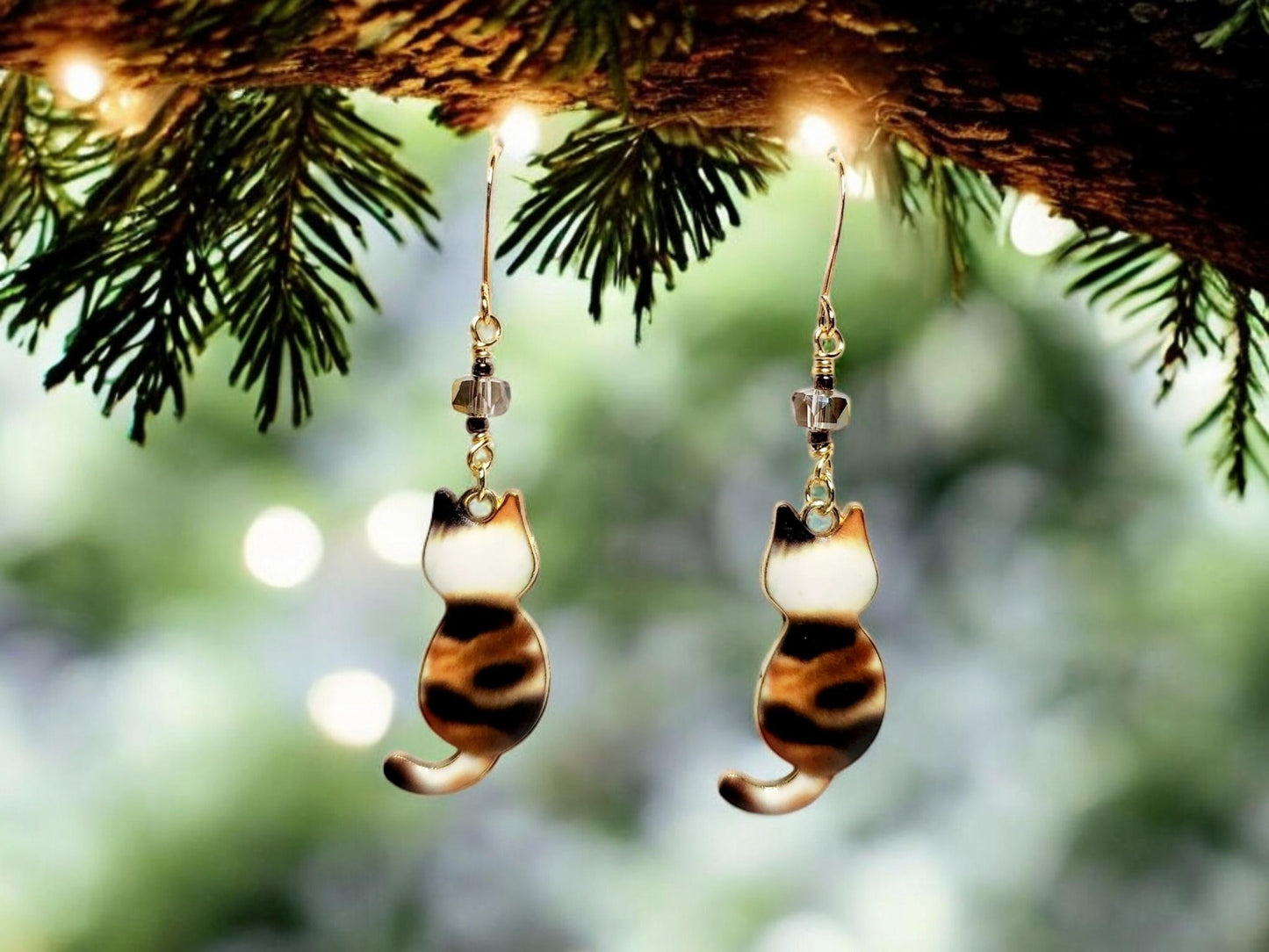 Brown Calico charm dangle earrings with gray glass beading