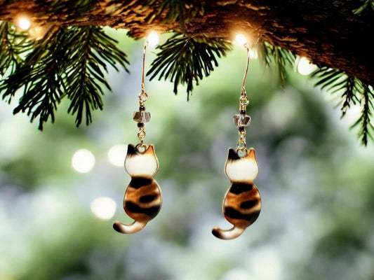 Brown Calico charm dangle earrings with gray glass beading