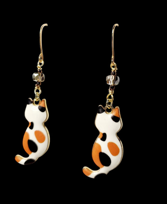 Orange Calico charm dangle earrings with gray glass beading