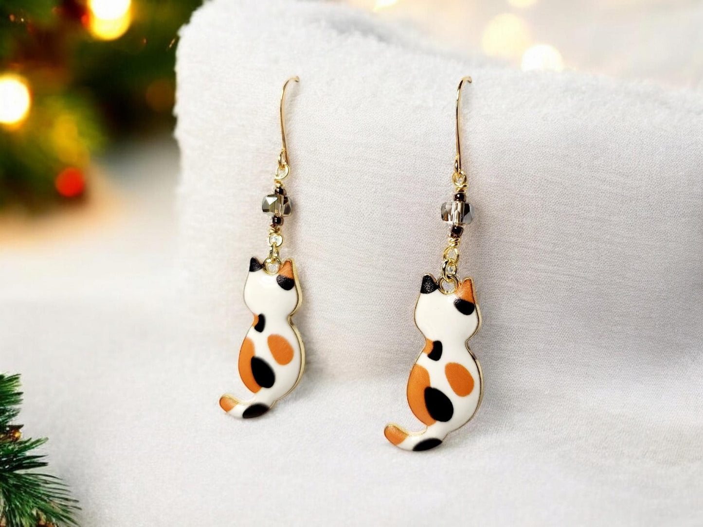 Orange Calico charm dangle earrings with gray glass beading