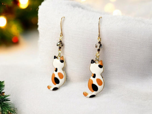 Orange Calico charm dangle earrings with gray glass beading