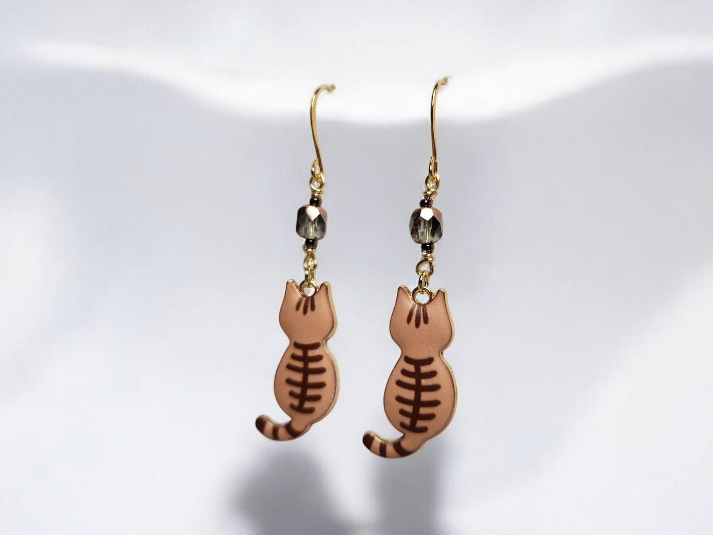 Orange and brown cat charm dangle earrings with fire polished czech beading