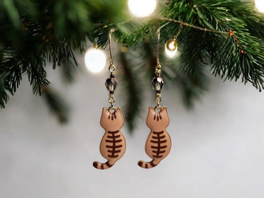 Orange and brown cat charm dangle earrings with fire polished czech beading