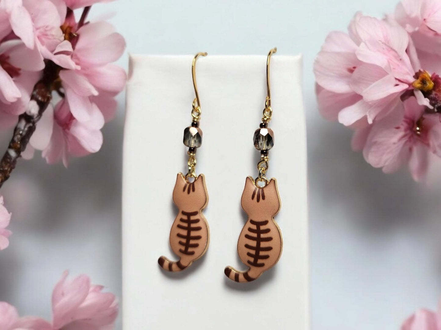 Orange and brown cat charm dangle earrings with fire polished czech beading