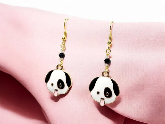 Black and White dog charm dangle earrings and black faceted glass beading.