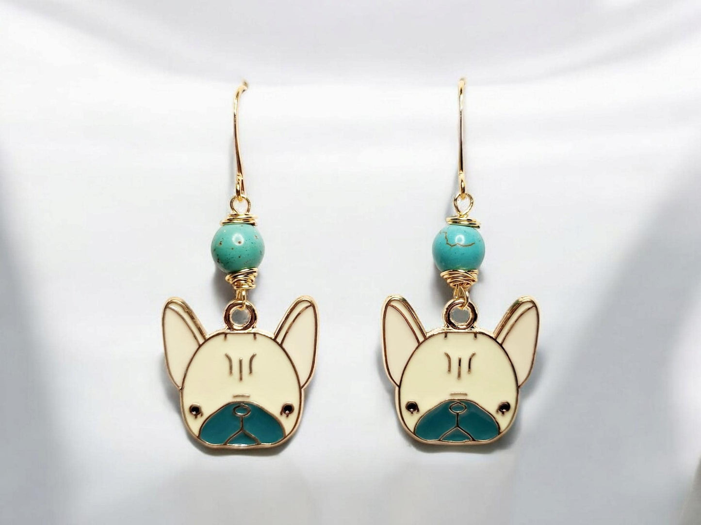 Pug dog charm dangle earrings and wire wrapped magnesite beading.