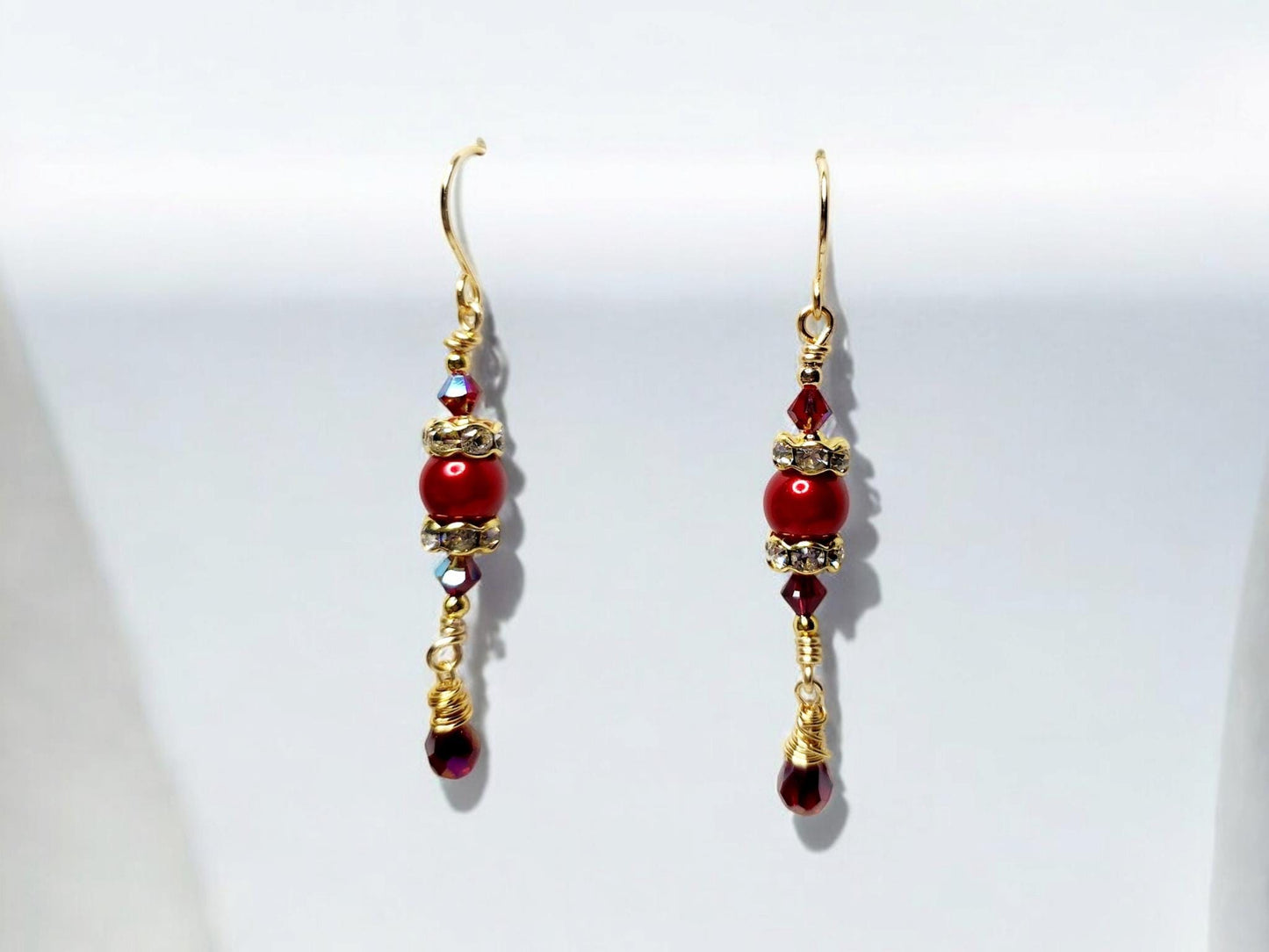 Sparkling Red Pearl and Rhinestone Dangle Christmas Earrings