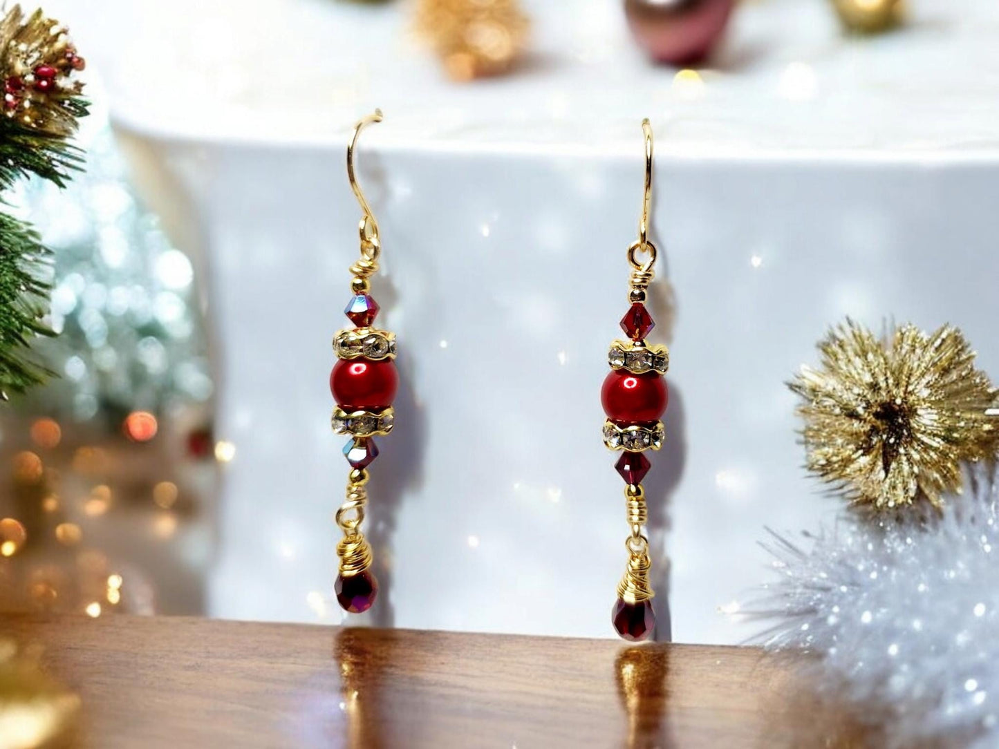 Sparkling Red Pearl and Rhinestone Dangle Christmas Earrings