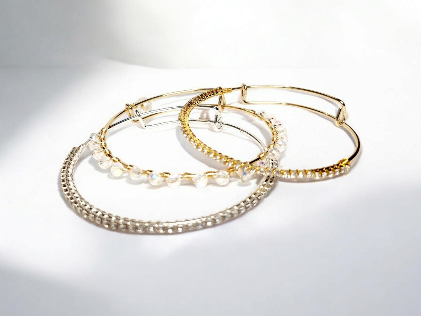 Crystal Beaded Bangle, adjustable gold tone bangle, 2.6inches in width, handcrafted