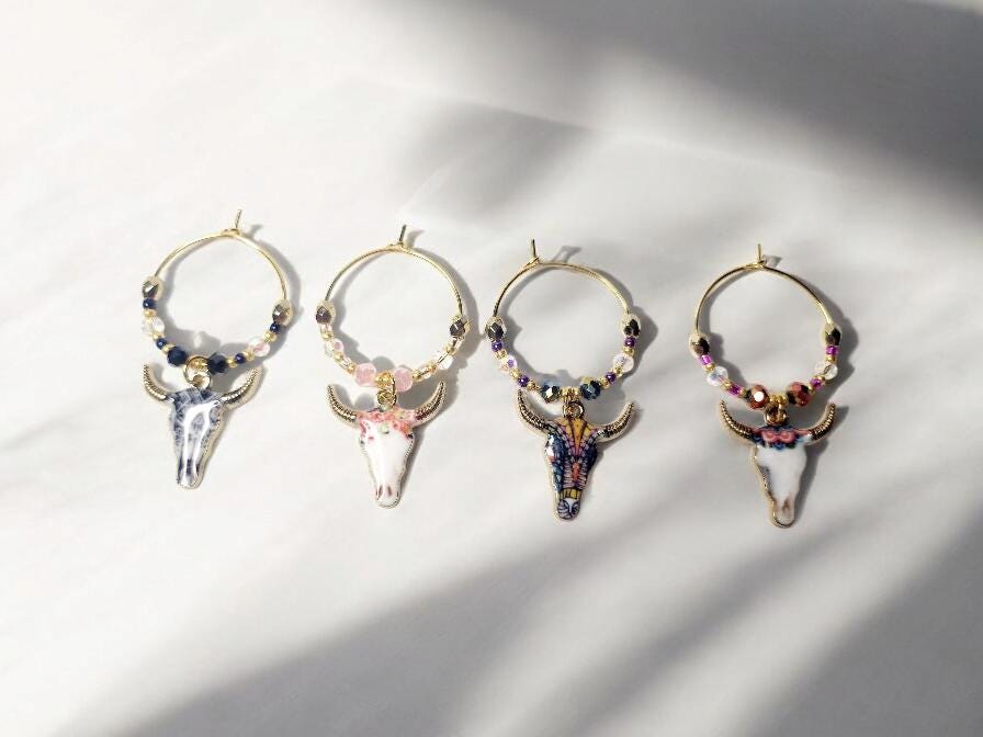 Enamel Steer Wine charms, set of 4  gold wine charms, in blue, purple and pinks with cyrstal beading