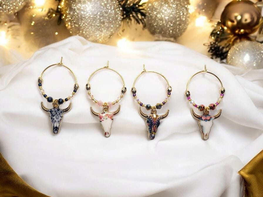 Enamel Steer Wine charms, set of 4  gold wine charms, in blue, purple and pinks with cyrstal beading