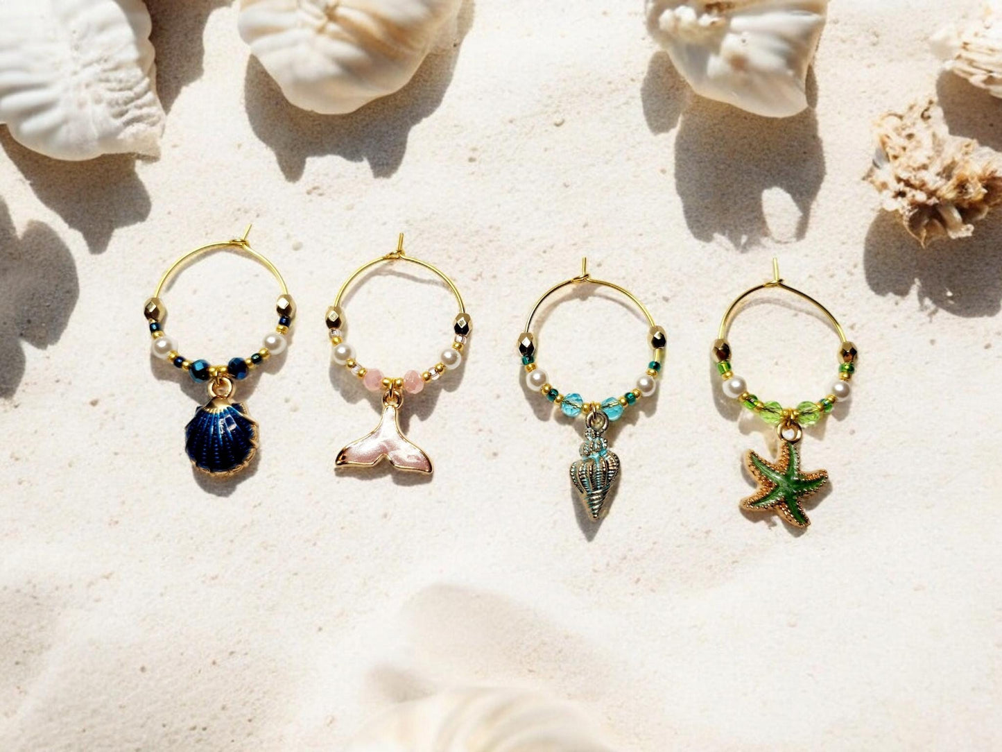 Mermaid Ocean theme enamel Wine charms, set of 4 in of blue, pink, light blue and green.