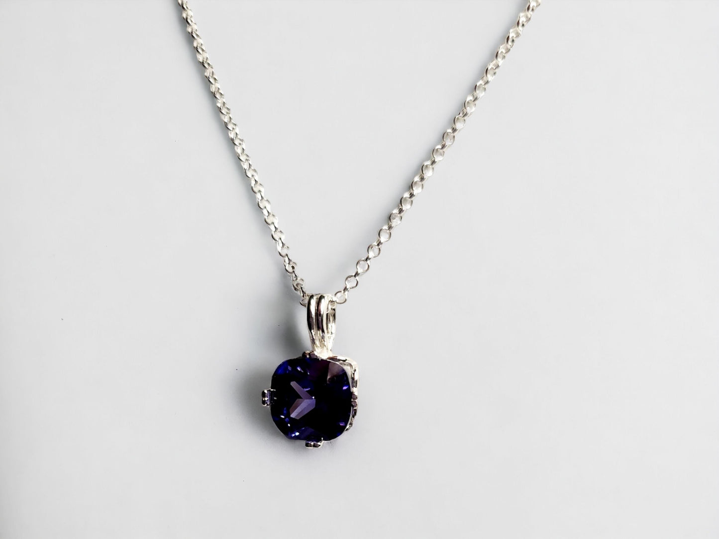 Tanzanite CZ Cushion-Cut Pendant in Sterling Silver on Adjustable Rolo Chain