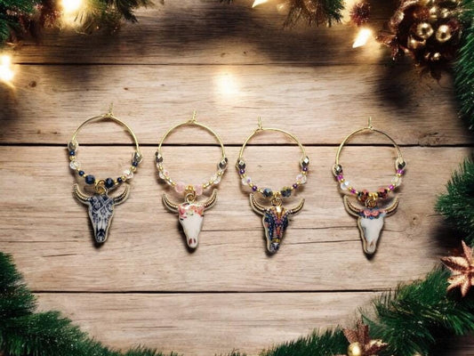 Enamel Steer Wine charms, set of 4  gold wine charms, in blue, purple and pinks with cyrstal beading