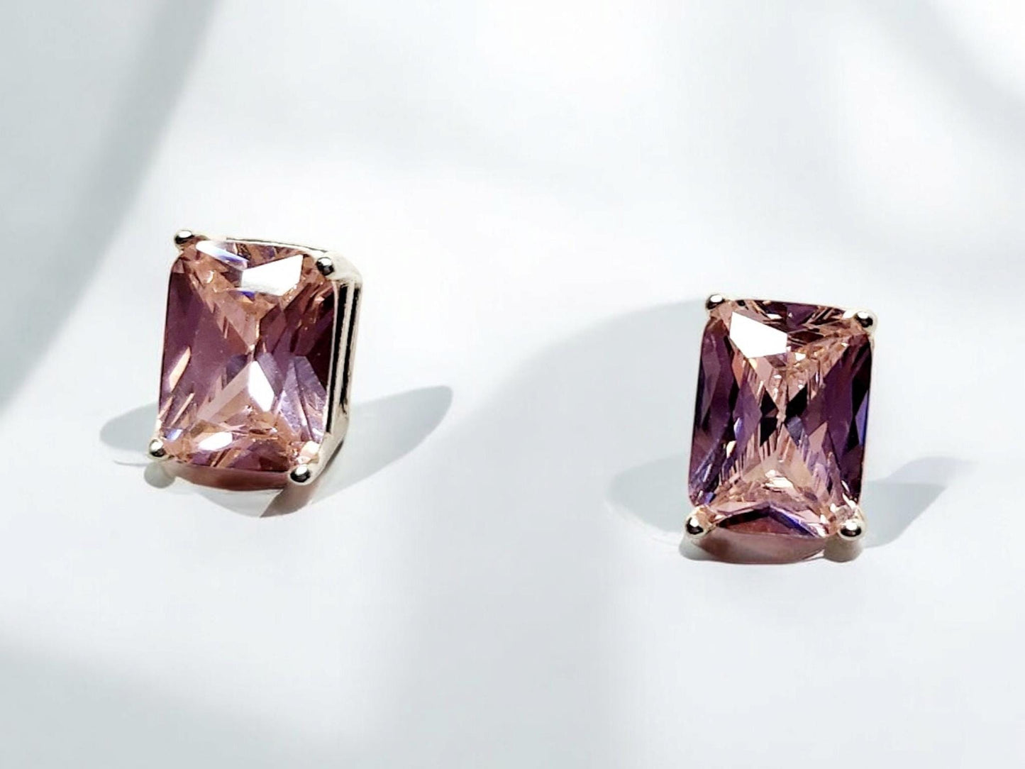 Rose Sapphire CZ Emerald-Cut Stud Earrings in Sterling Silver - 8x6mm Romantic Pink Sparkle