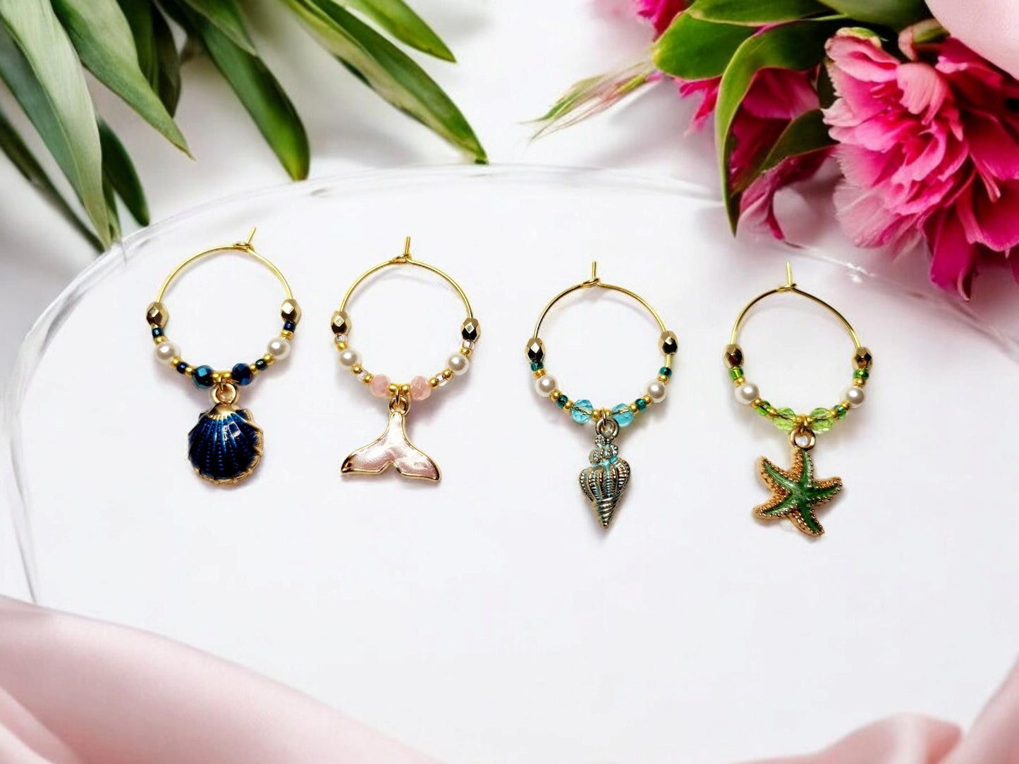 Mermaid Ocean theme enamel Wine charms, set of 4 in of blue, pink, light blue and green.