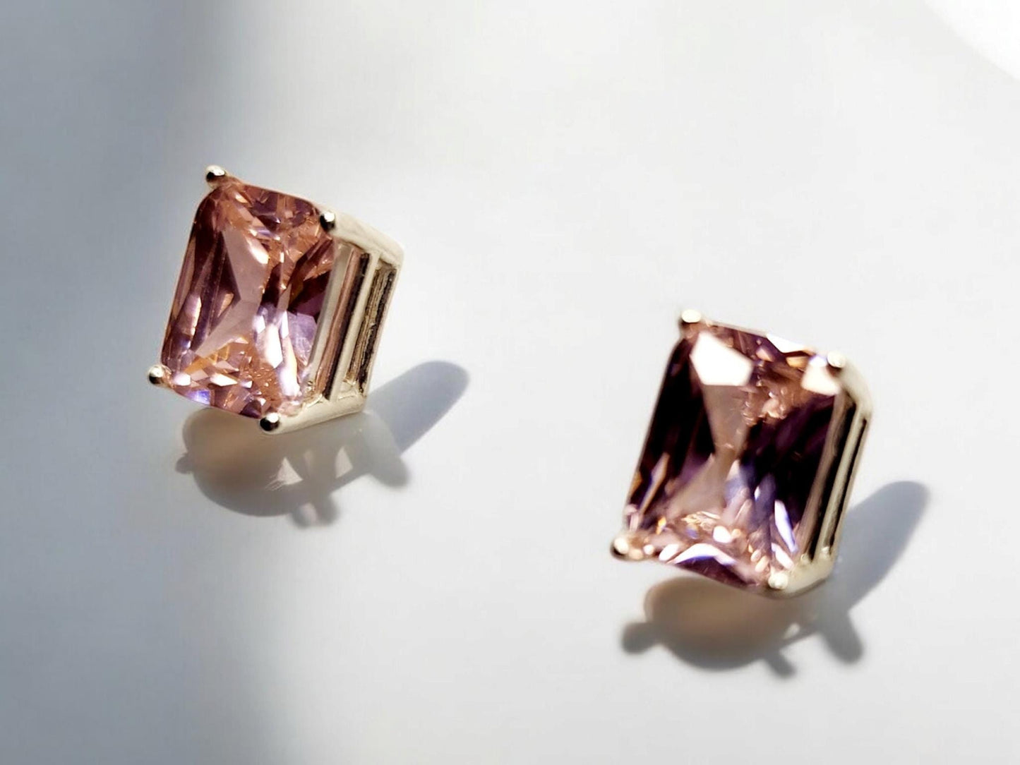 Rose Sapphire CZ Emerald-Cut Stud Earrings in Sterling Silver - 8x6mm Romantic Pink Sparkle