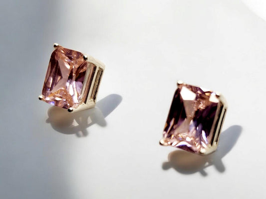 Rose Sapphire CZ Emerald-Cut Stud Earrings in Sterling Silver - 8x6mm Romantic Pink Sparkle