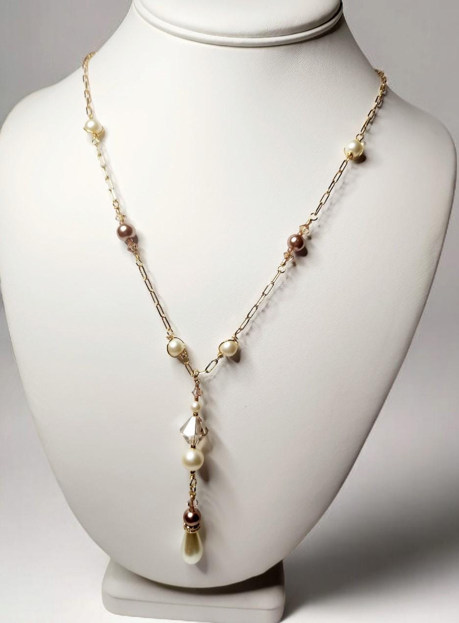 White Tear Drop and Mocha Mousse Pearl Gold Necklace