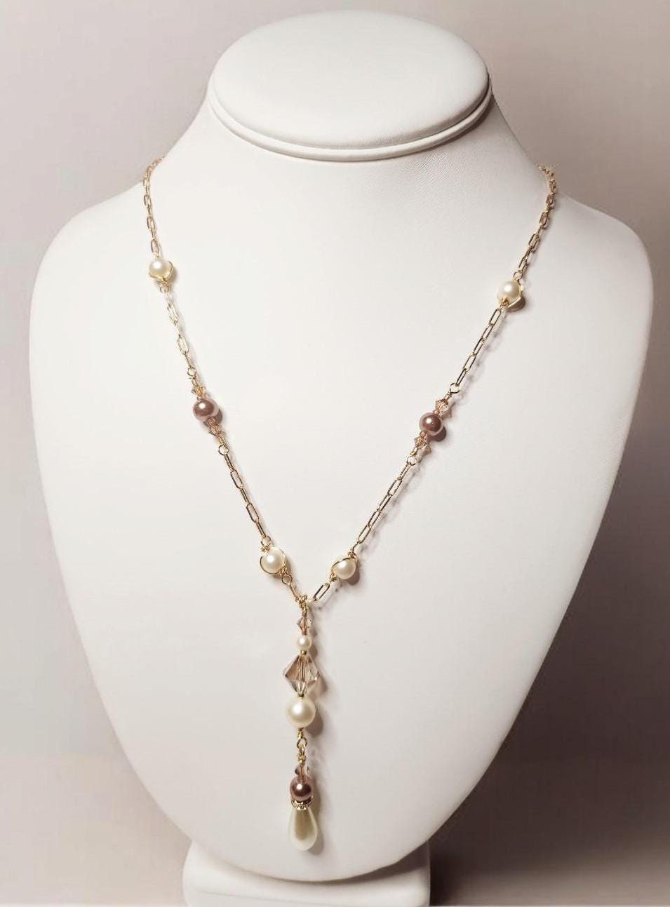 White Tear Drop and Mocha Mousse Pearl Gold Necklace