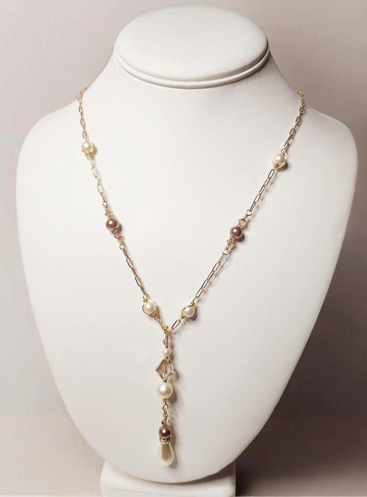 White Tear Drop and Mocha Mousse Pearl Gold Necklace