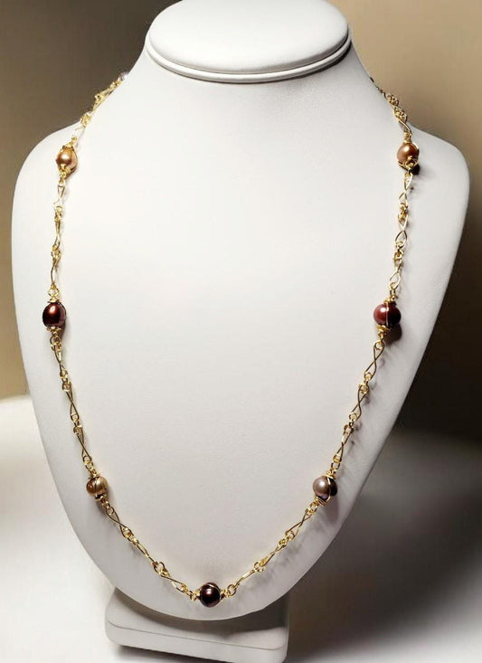 Chocolate and Peacock Pearls on handcrafted gold twisted link chain
