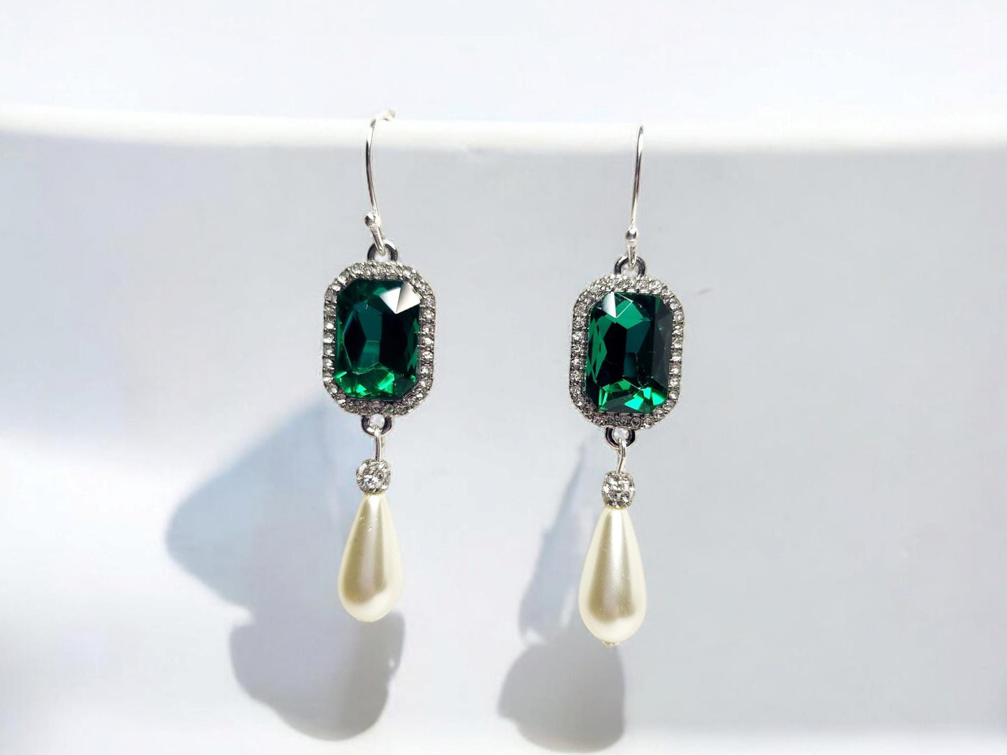 Emerald, Rhinestone and Pearl Tear Drop Earrings