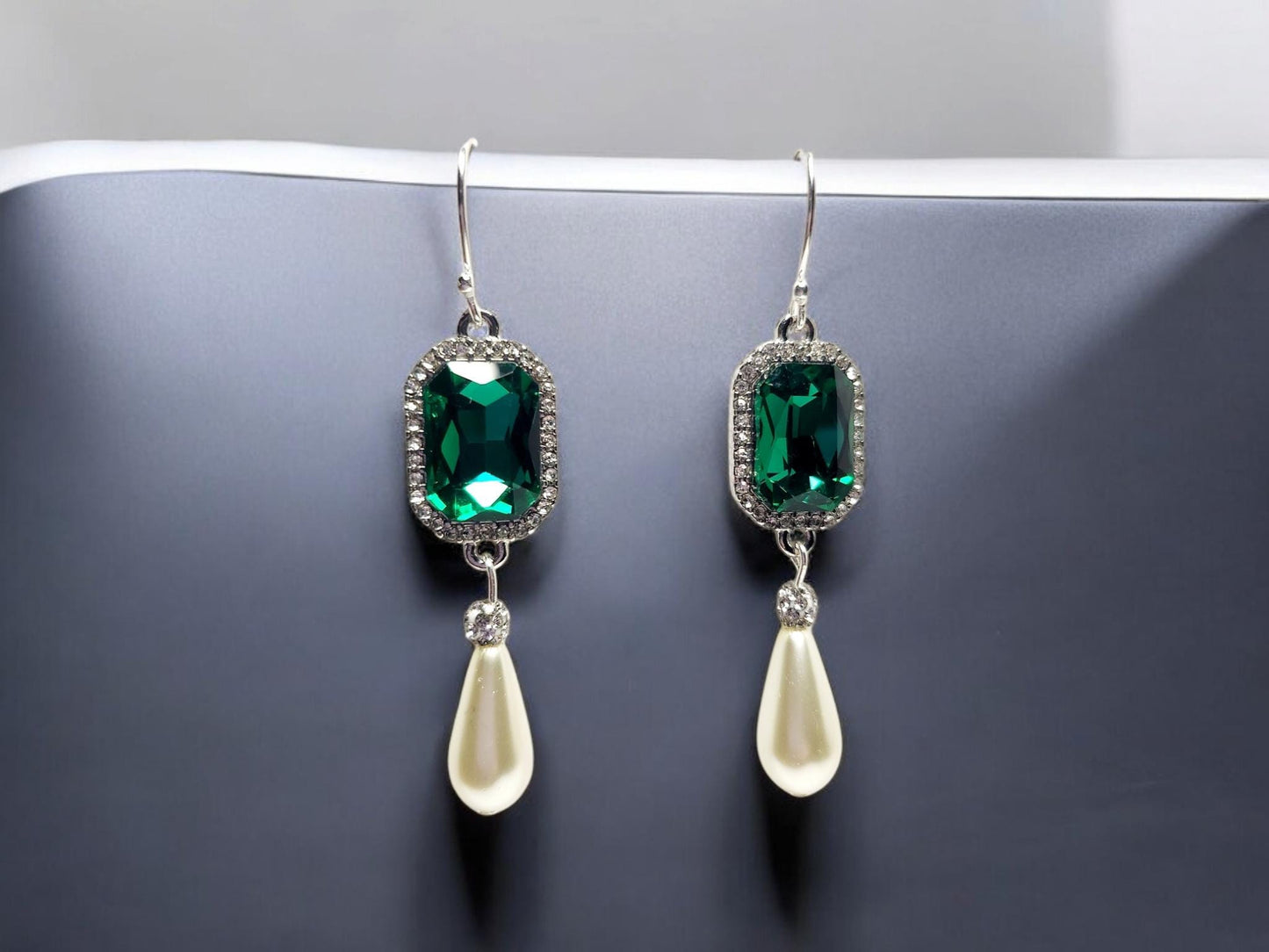 Emerald, Rhinestone and Pearl Tear Drop Earrings