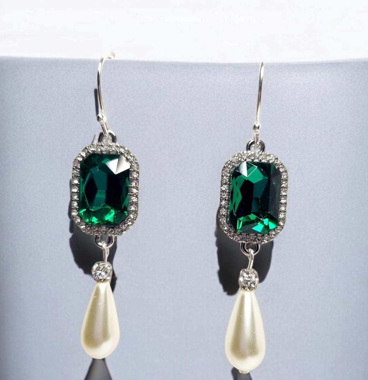 Emerald, Rhinestone and Pearl Tear Drop Earrings