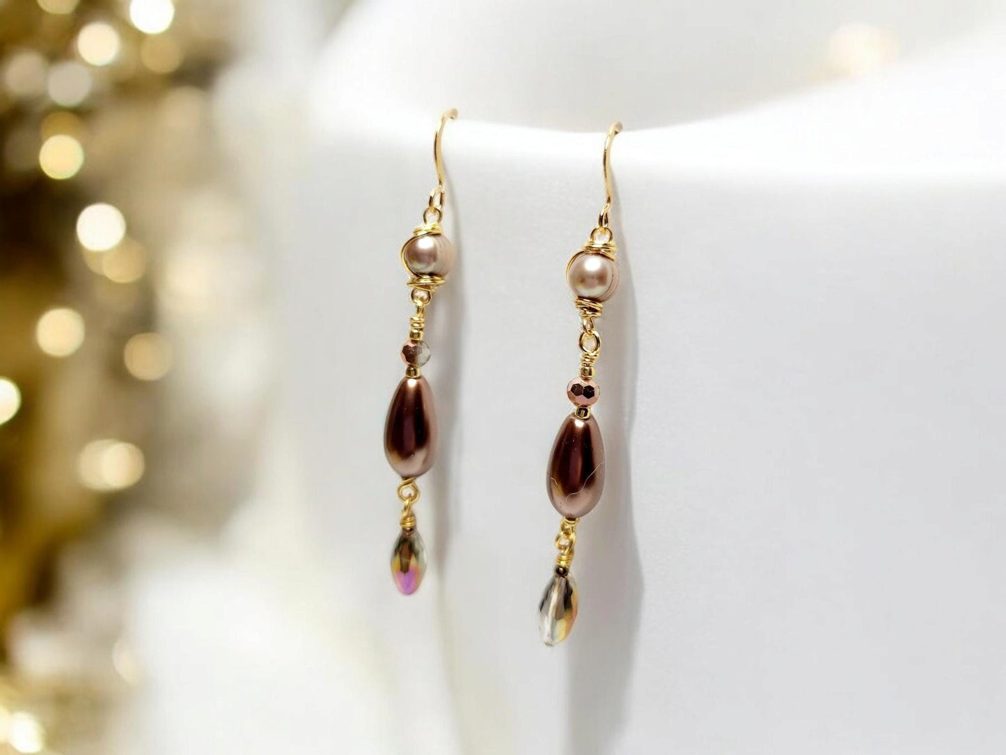Chocolate and Peacock Pearls on handcrafted gold twisted link chain