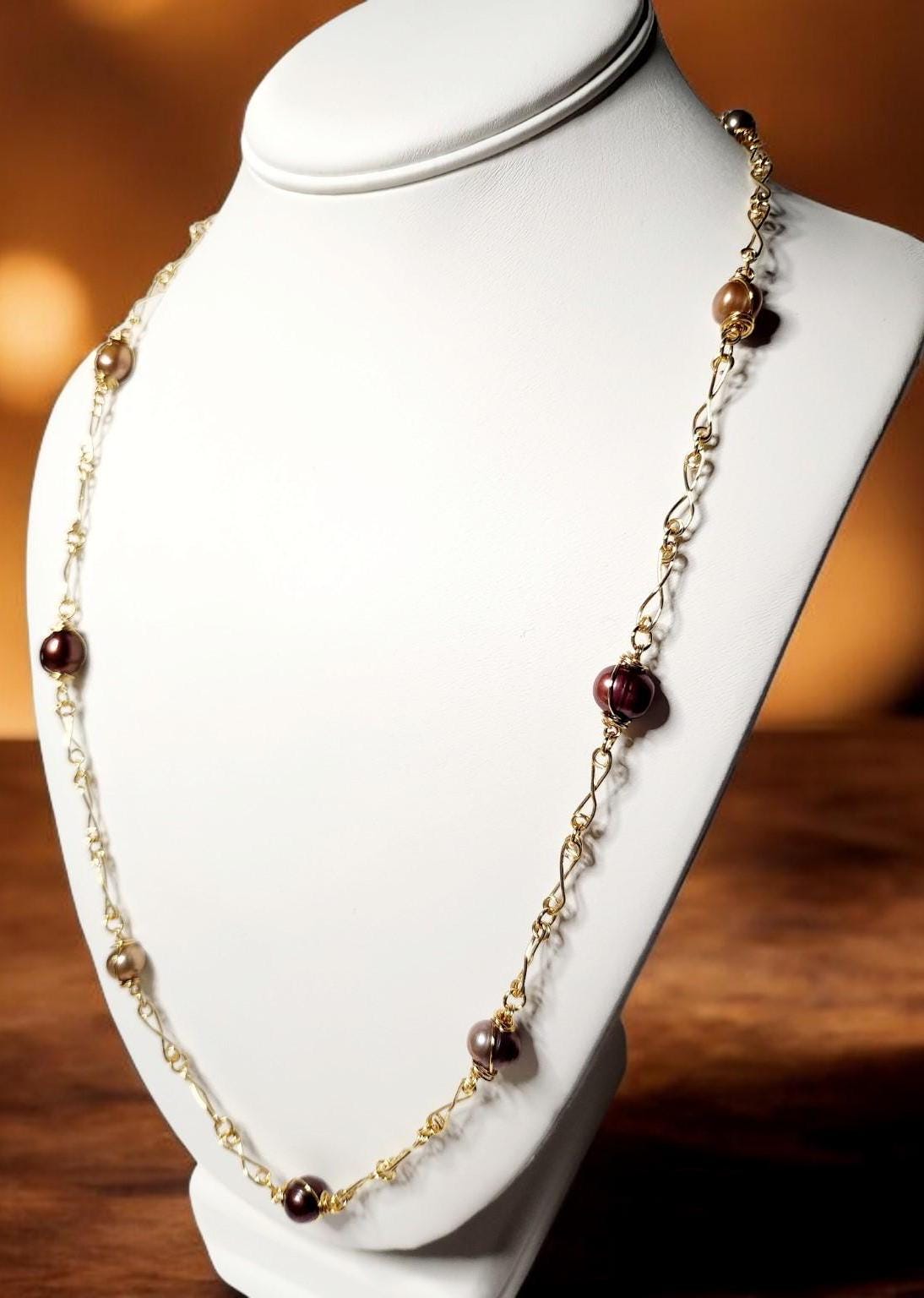 Chocolate and Peacock Pearls on handcrafted gold twisted link chain