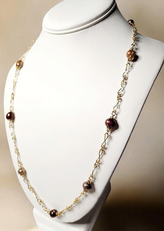 Chocolate and Peacock Pearls on handcrafted gold twisted link chain
