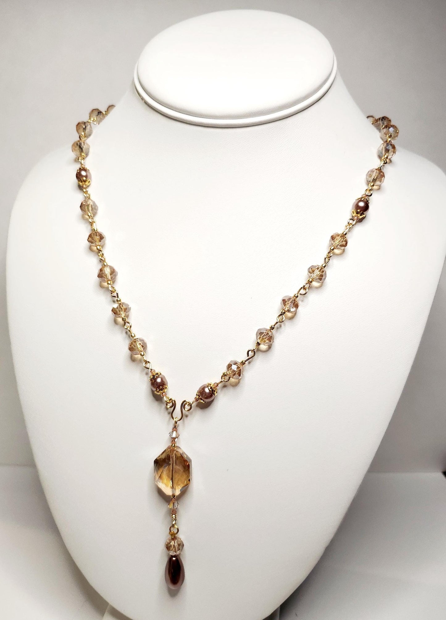 Rosary Style Golden Topaz Crystal and Chocolate Pearl Tear Drop Pendant