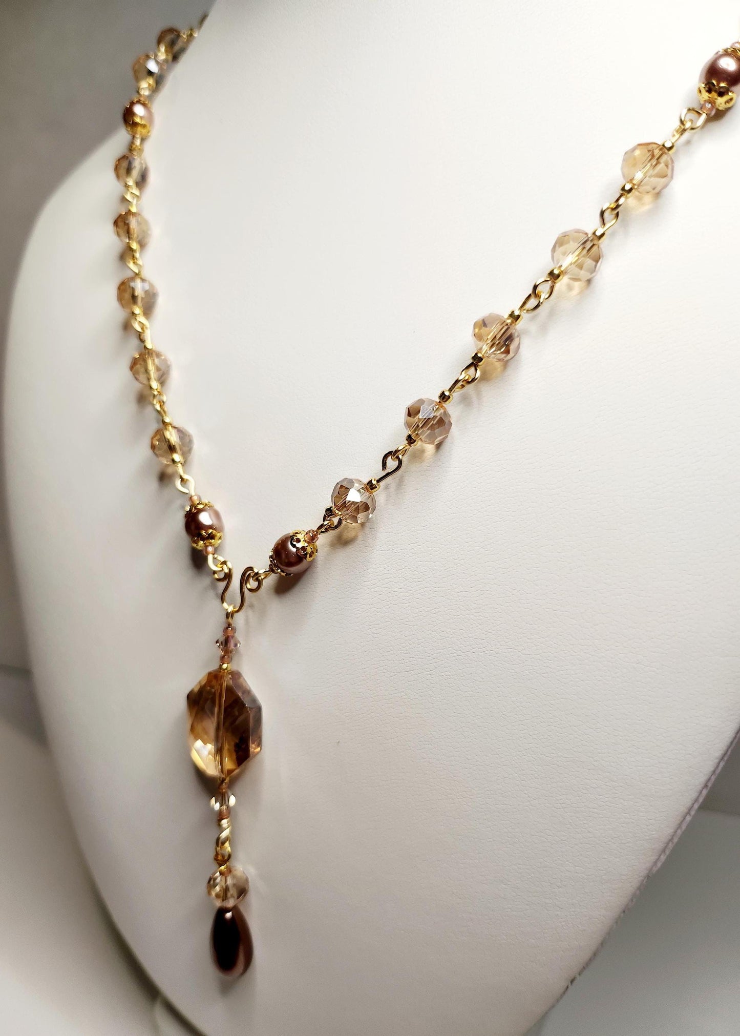 Rosary Style Golden Topaz Crystal and Chocolate Pearl Tear Drop Pendant