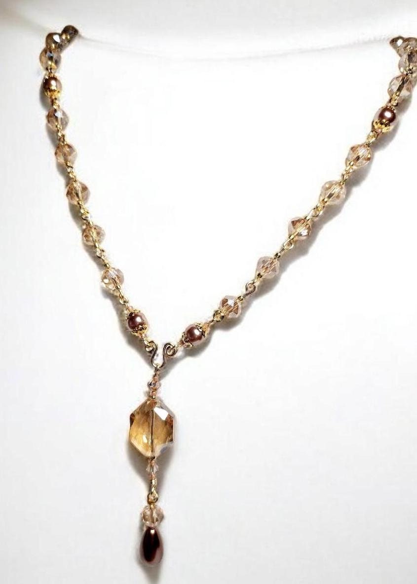 Rosary Style Golden Topaz Crystal and Chocolate Pearl Tear Drop Pendant