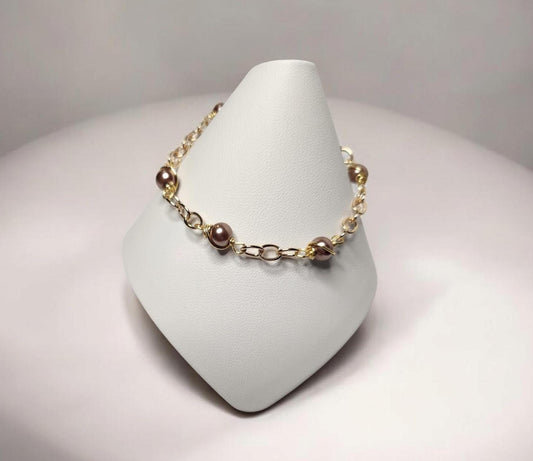 Mocha Mousse crystal pearl and gold toggle bracelet