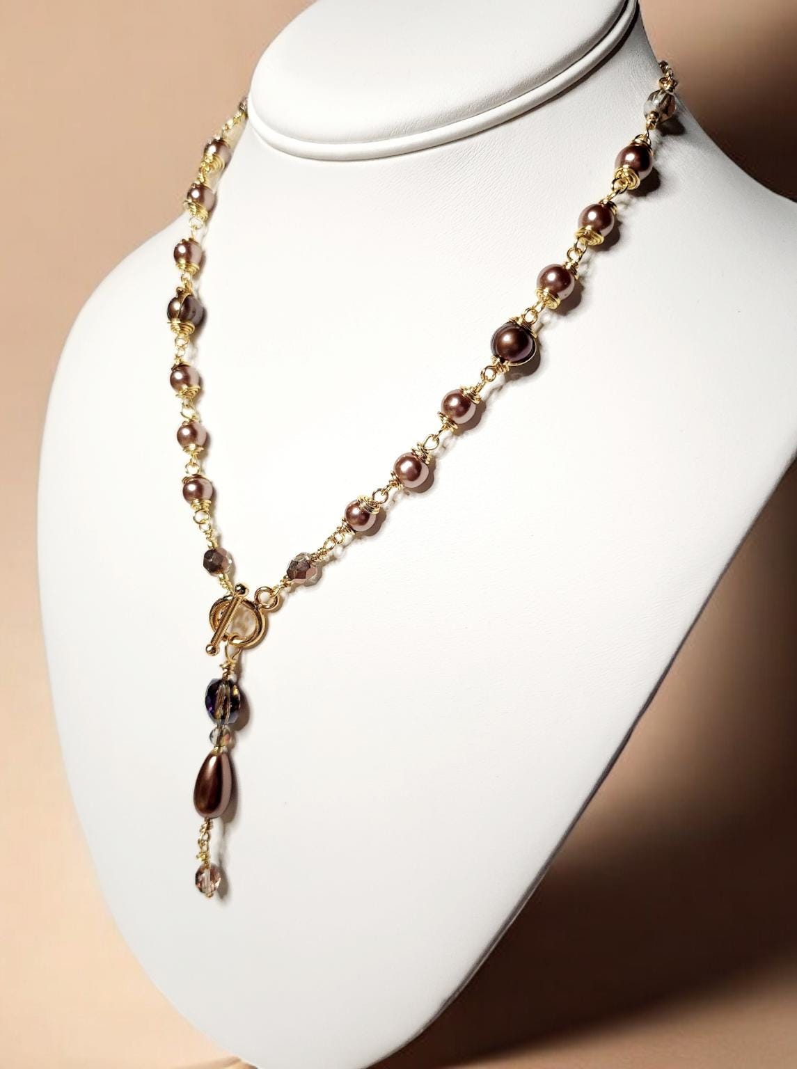 Mocha Mousse crystal pearl and gold toggle bracelet