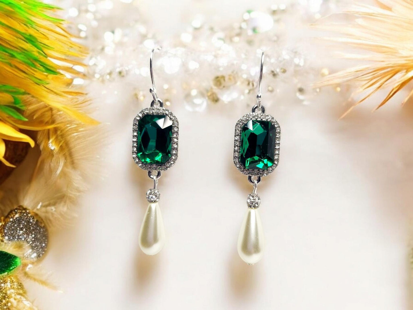 Emerald, Rhinestone and Pearl Tear Drop Earrings