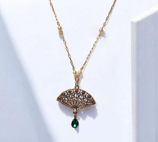 Art Deco Fan Pendant, with Emerald Crystal Drop and Pearl PaperClip Chain