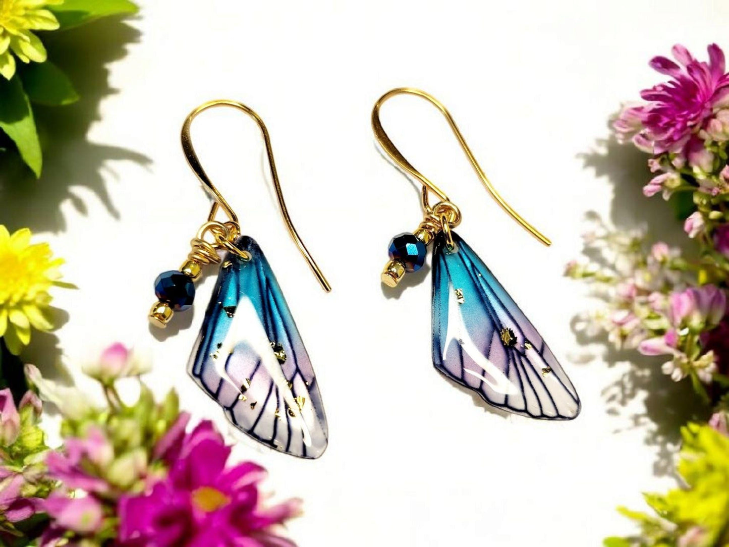 Fairy Wing Earrings Blue and Purple with Gold Plated Ear Wires