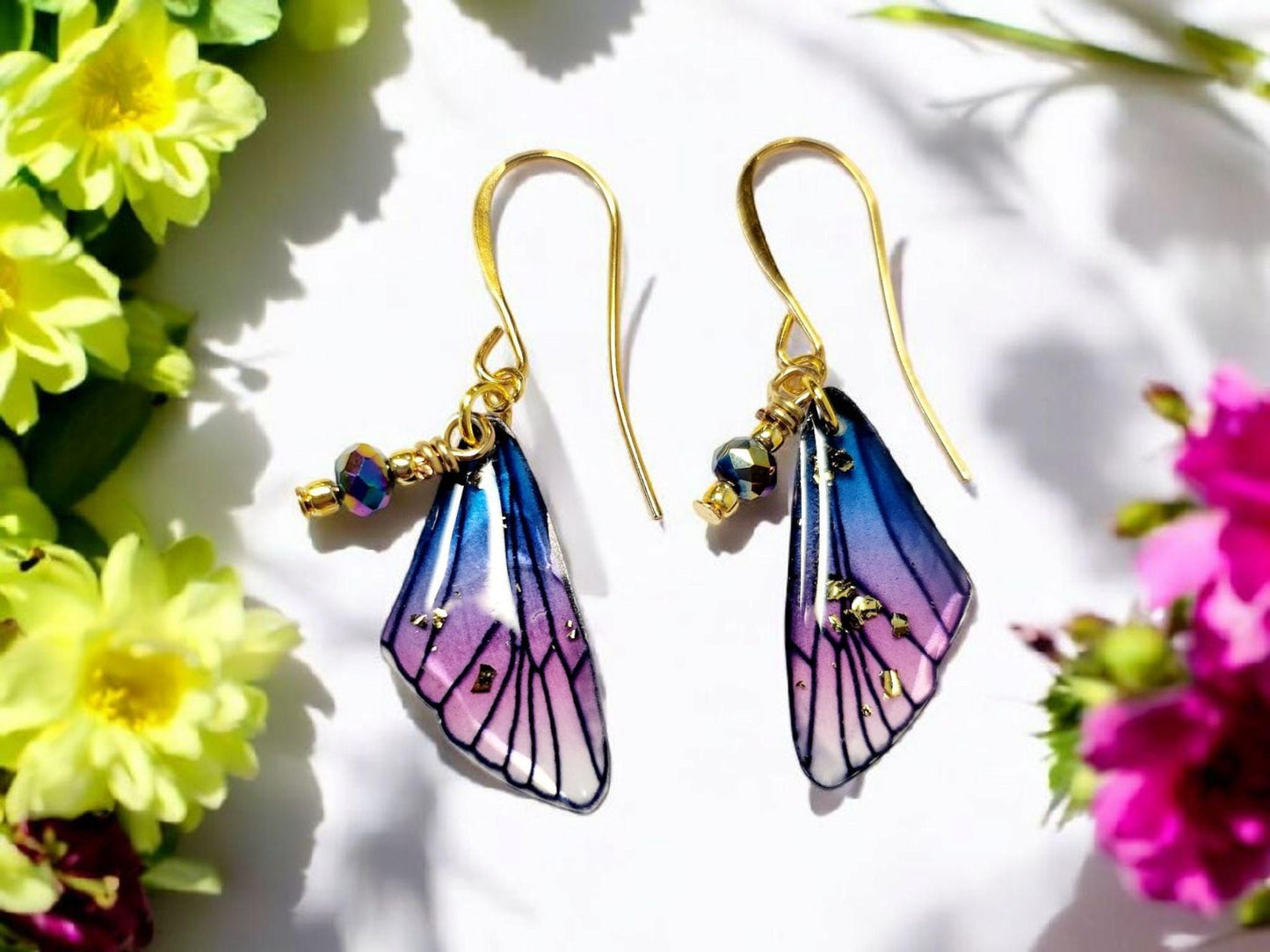 Fairy Wing Earrings Dark Blue and Purple with Gold Plated Ear Wires