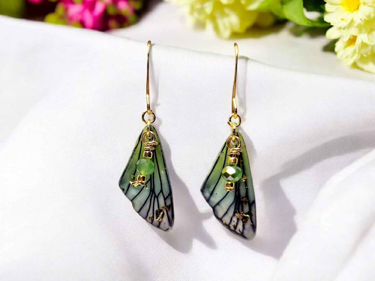 Fairy Wing Earrings Green and Blue with Gold Plated Ear Wires