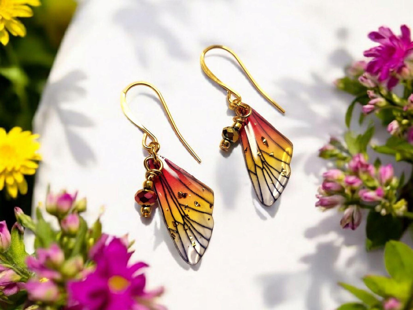 Fairy Wing Earrings Magenta,Orange and Golden Yellow on gold plated Ear Wires