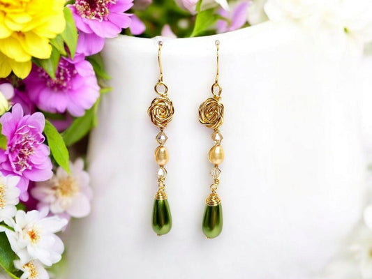Golden Rose, with peach pearl (natural) and green pearl tear drop